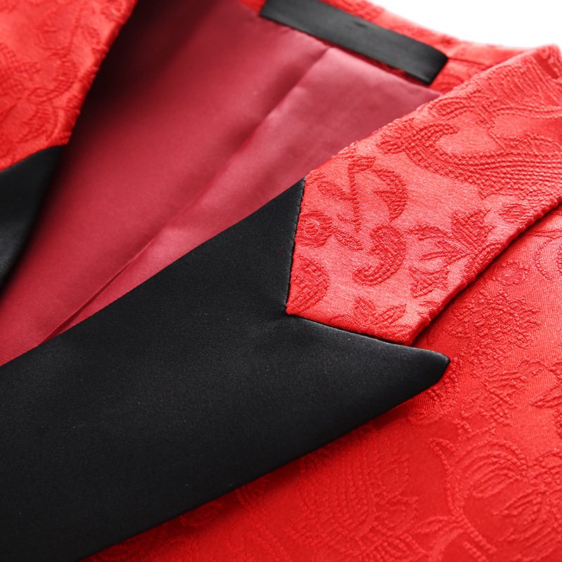 3-osainen Miesten Puku Kaksirivinen Litteä Kaulus Juhlamekko Jacquard Häät Plus Koko - Punainen