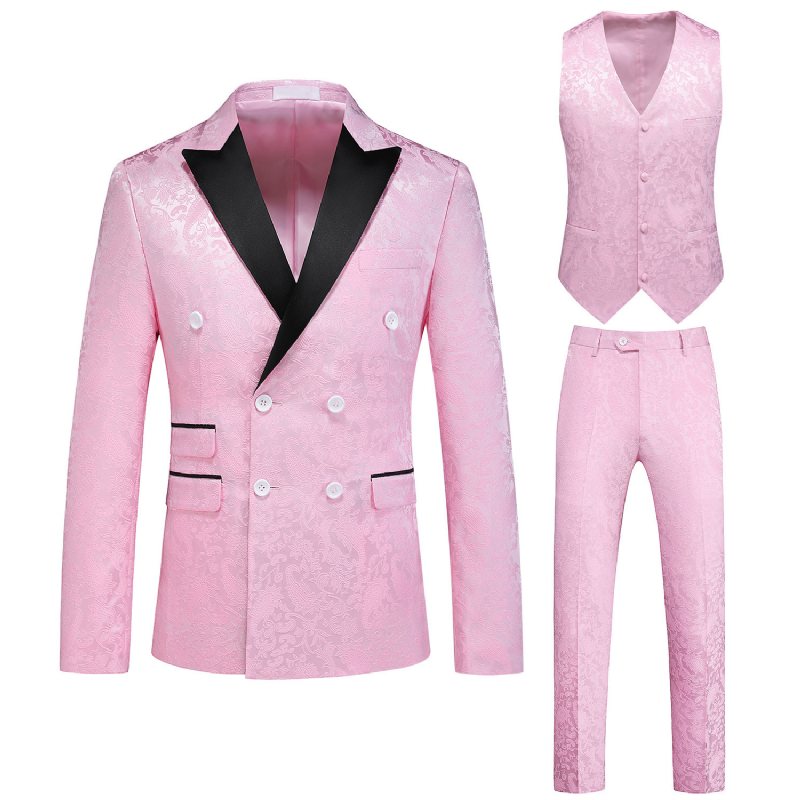 3-osainen Miesten Puku Kaksirivinen Litteä Kaulus Juhlamekko Jacquard Häät Plus Koko - Pinkki
