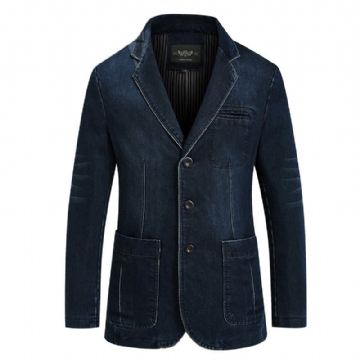 Miesten Bleiseri Urheilutakki Denim Slim Kolme Nappia Patch Taskut