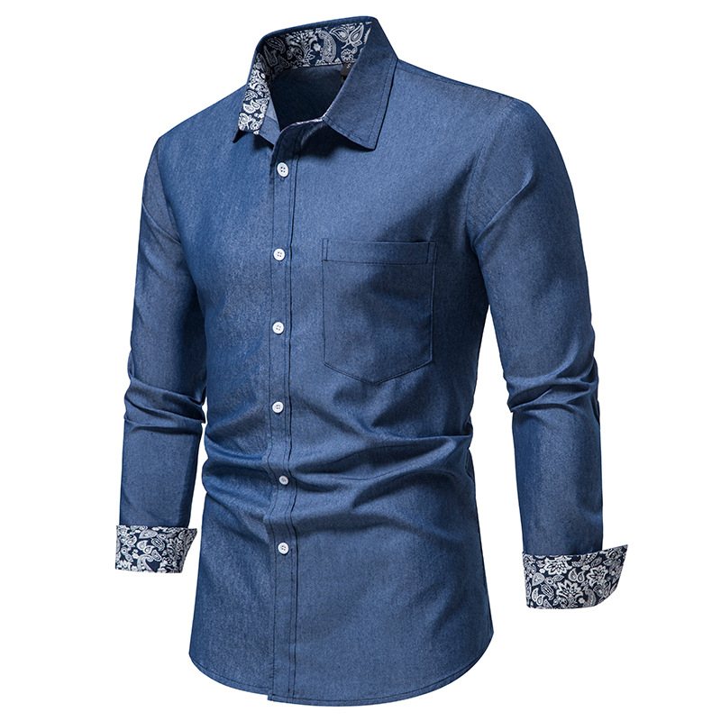 Miesten Paita Denim Pitkähihainen - Tummansininen